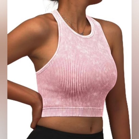 Light Pink Ribbed Crew Neck Cropped Tank Top - Picture 4 of 5